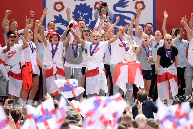 Rachel Daly of England celebrates with teammates during the England Women's Team Celebration at Trafalgar Square. Photo by Harriet Lander/Getty Images.