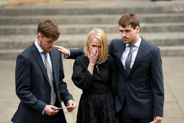 Harry Gration's widow Helen with sons Harrison (left) and Harvey (right) at a service of thanksgiving for the BBC presenter at York Minster in York