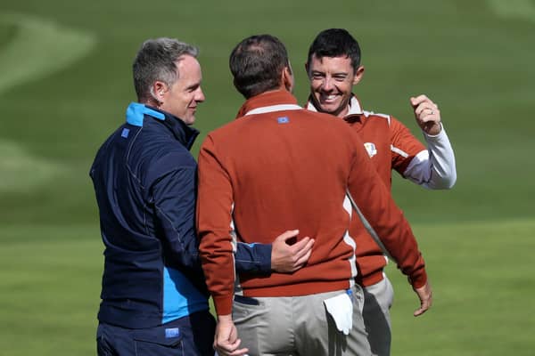 Europe's Sergio Garcia celebrates a birdie with vice-captain Luke Donald and team-mate Rory McIlroy on their way to victory in Paris in 2018. Picture: David Davies/PA