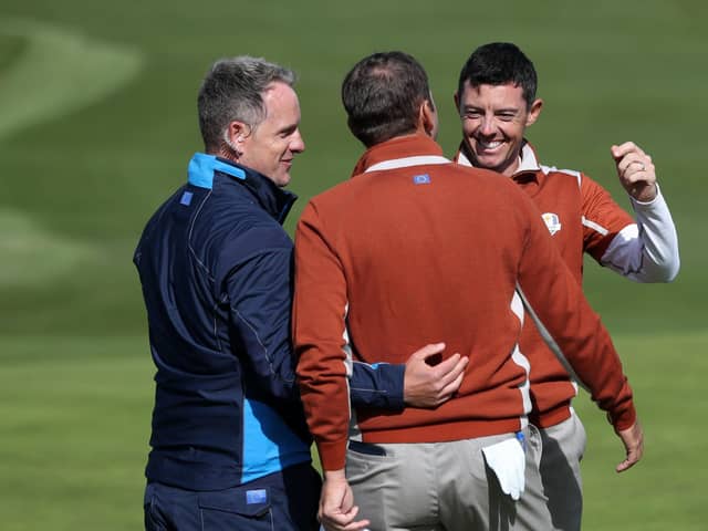 Europe's Sergio Garcia celebrates a birdie with vice-captain Luke Donald and team-mate Rory McIlroy on their way to victory in Paris in 2018. Picture: David Davies/PA