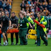 Bad break: Emmanuel Osadebe suffered a double break of his leg just six minutes into his Bradford City debut.Picture: Bruce Rollinson