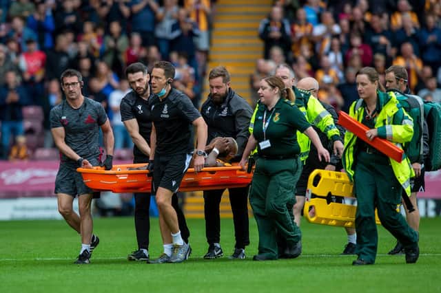 Bad break: Emmanuel Osadebe suffered a double break of his leg just six minutes into his Bradford City debut.Picture: Bruce Rollinson
