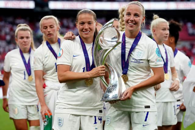 Something to build on: England's Fran Kirby and Beth Mead with the trophy following victory over Germany in the UEFA Women's Euro 2022 final at Wembley. Picture: Nick Potts/PA Wire.