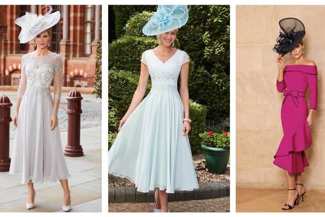Silver and white dress, £518.95; Mint dress, £546.95; magenta and navy dress, £630.95, all at Helen Sykes on Stanningley Road, Leeds.