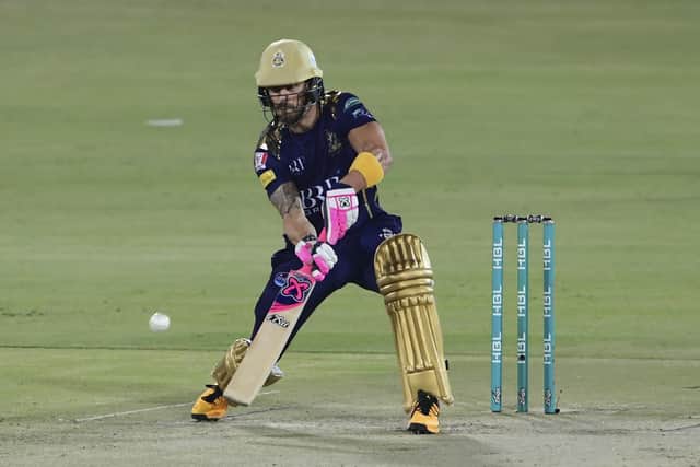 Faf du Plessis plays a shot for Quetta Gladiators' during the Pakistan Super League (PSL) T20 cricket match in 2021. (Picture: ASIF HASSAN/AFP via Getty Images)