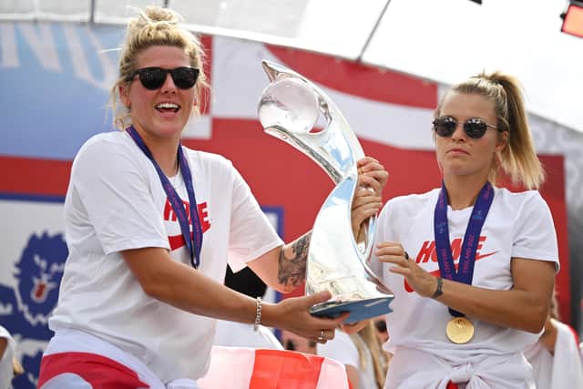 Millie Bright and Rachel Daly of England celebrate with the UEFA Womenâ€TMs EURO 2022 Trophy during the England Women's Team Celebration at Trafalgar Square on August 01, 2022 in London, England.  (Picture: Leon Neal/Getty Images)