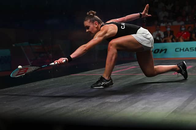 Canada's Hollie Naughton plays against England's Georgia Kennedy in the women's singles gold medal squash match on day six of the Commonwealth Games at the University of Birmingham Hockey and Squash Centre in Birmingham, (Picture: PAUL ELLIS/AFP via Getty Images)