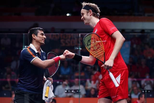 Saurav Ghosal of Team India interacts with James Willstrop of Team England during Men's Singles - Bronze Medal Match between India and England on day six of the Birmingham 2022 Commonwealth Games . (Picture: Luke Walker/Getty Images)