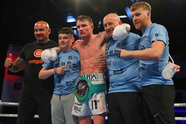 Dalton Smith celebrates victory with their team and the WBC International Silver Super Lightweight belt after the WBC International Silver Super Lightweight Title fight against Mauro Perouene at Motorpoint Arena Cardiff on June 04, 2022. (Picture: Huw Fairclough/Getty Images)
