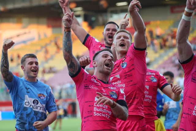 Leeds Rhinos celebrate the remarkable win in Perpignan. (Picture: SWPix.com)