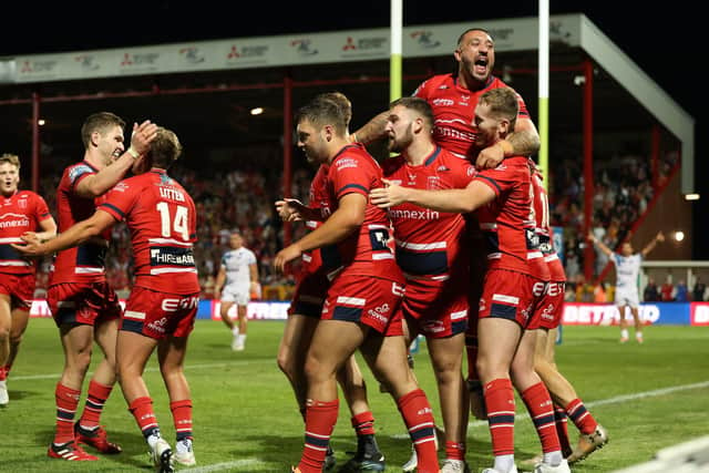 Hull Kingston Rovers' players celebrate Rowan Milnes's late, winning try against Toulouse Olympique Picture by John Clifton/SWpix.com