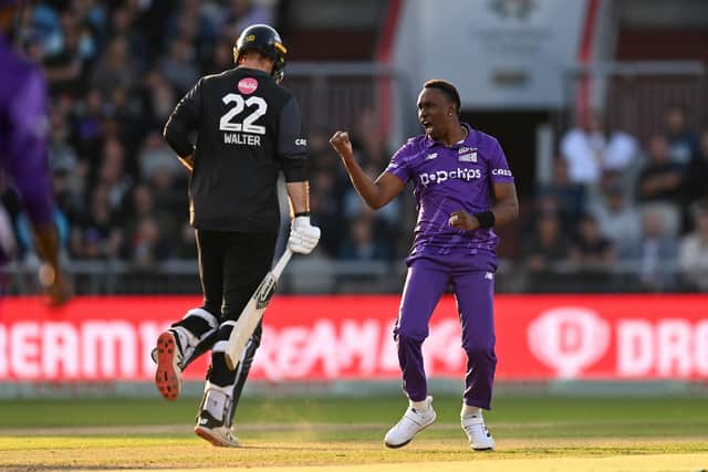 Northern Superchargers' Dwayne Bravo celebrates dismissing Manchester Originals' Paul Walter at Old Trafford Picture: Gareth Copley/Getty Images
