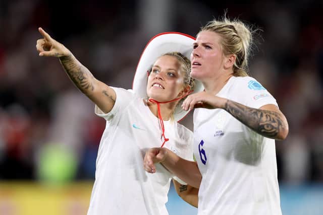 Yorkshire Lionesses Rachel Daly and Millie Bright celebrate semi-final victory over Sweden in Sheffield. (Picture: Naomi Baker/Getty Images)