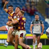 Huddersfield Giants celebrate Danny Levi's first try. (Picture: Bruce Rollinson)