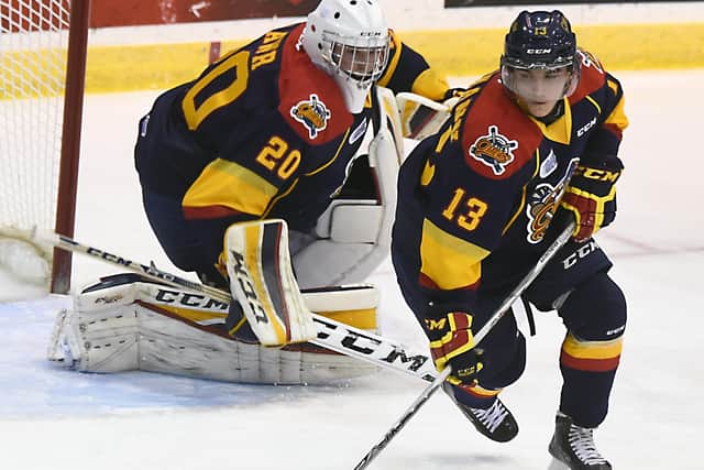 Brett Neuman grabs the rebound of goalie Jake Lawr of the Erie Otters at the Hershey Centre in Mississauga. Picture: Graig Abel/Getty Images