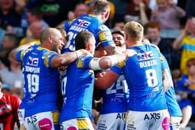 Leeds Rhinos celebrate Rhyse Martin's second try. (Picture: SWPix.com)