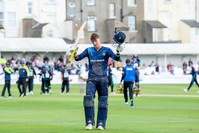 Yorkshire's George Hill thanks the fans and supporters after being dismissed for 130 against Worcestershire. (Picture: Allan McKenzie/SWpix.com)