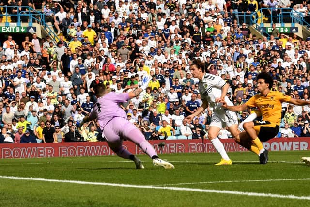 Denied: Leeds United's Brendon Aaronson thoguht he had capped a fine debut with the winner - but it was later credited to Wolves defender Rayan Ait-Nouri. Picture: Simon Hulme