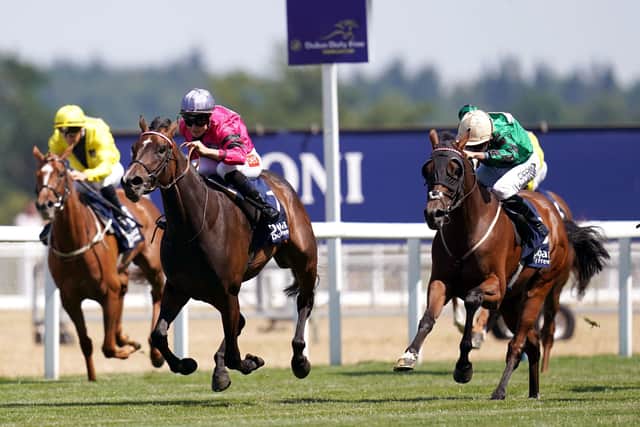 Cup of cheer: Amanzoe ridden by Joanna Mason (centre) on the way to winning The Dubai Duty Free Shergar Cup Curtain Raiser Classified Stakes during the Shergar Cup Meeting at Ascot . Picture: John Walton/PA Wire.