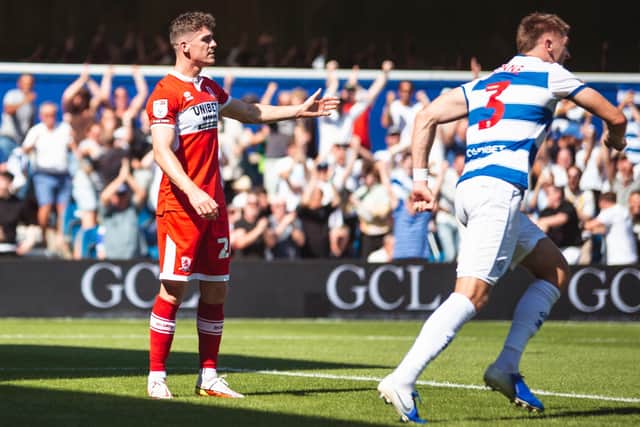 Middlesbrough's Darragh Lenihan protests against Queens Park Rangers second goal during the Sky Bet Championship match (Picture: Rhianna Chadwick/PA Wire)