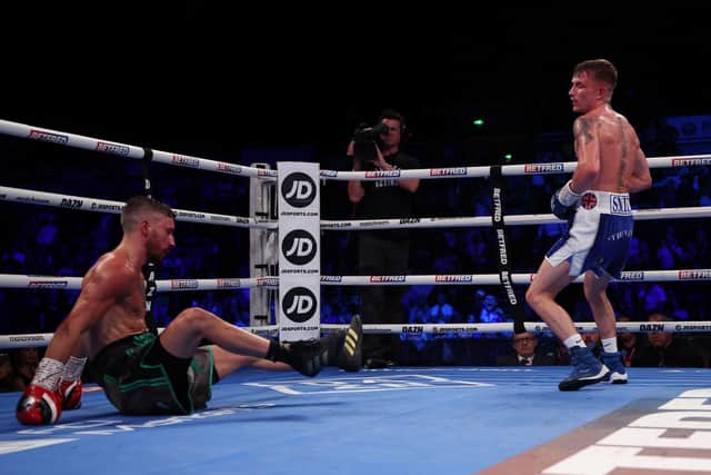 Dalton Smith knocks down Sam O'maison in the vacant British Super-Lightweight Title fight on Saturday  (Picture: Mark Robinson/Matchroom)