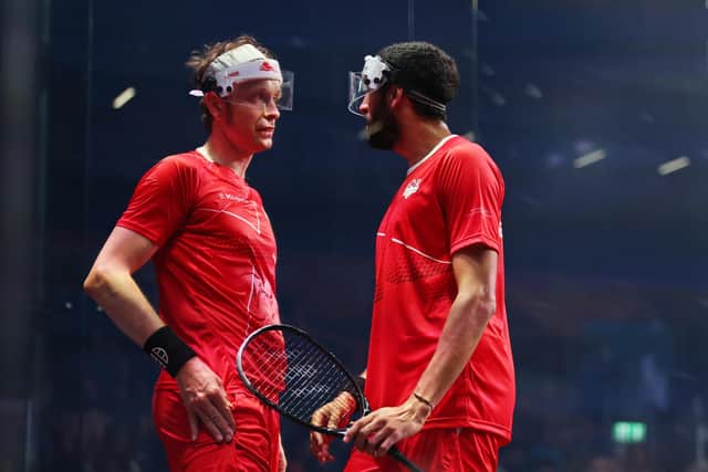 James Willstrop and Declan James of Team England talk during the Squash Men's Doubles Gold Medal match on day eleven of the Birmingham 2022 Commonwealth Games. (Picture: Clive Brunskill/Getty Images)