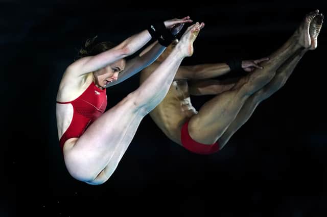 England's Kyle Kothari and Lois Toulson during the Mixed Synchronised 10m Platform Final. Picture: PA.