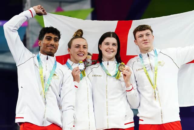 England's Kyle Kothari (left) and Lois Toulson with thier Silver medals and England's Noah Williams and Andrea Spendolini Sirieix with their Gold medals won in the Mixed Synchronised 10m Platform Final at Sandwell Aquatics Centre. Picture: PA