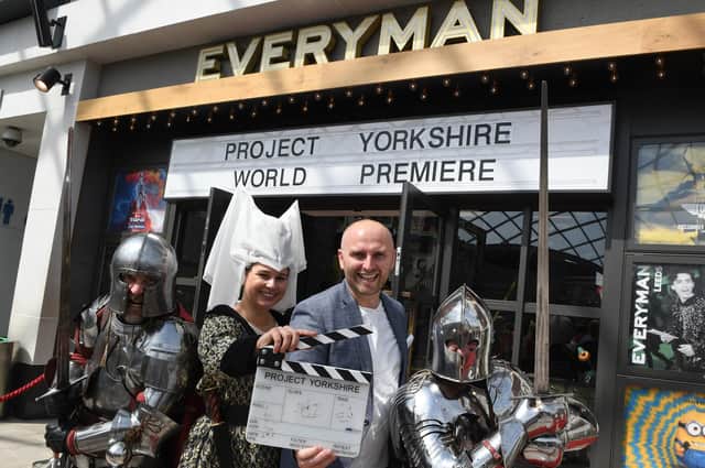 Project Yorkshire world premiere at Everymans cinema, Trinity, Leeds. Pictured Sid Sadowskyj with knights in shinning armour from Histrionics.