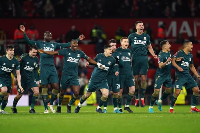 Middlesbrough players celebrate winning the FA Cup penalty shoot-out at Old Trafford last season. Picture: PA.