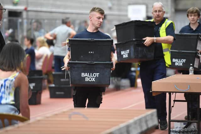 Ballot boxes at the Wakefield by-election count.