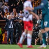 Bradford City manager Mark Hughes celebrates at full time after a thrilling League Cup win over Hull City on Tuesday night.   Picture Bruce Rollinson