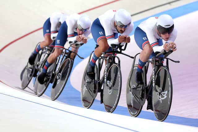 GB's Rhys Britton, Kian Emadi, Charlie Tanfield and Oliver Wood compete in the Men's Team Pursuit Qualifying during the cycling track competition on day 1 of the European Championships Munich 2022 at Messe Muenchen. Picture: Alexander Hassenstein/Getty Images
