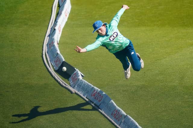 Six hit: Oval Invincibles' Jack Haynes dives in vain on the boundary as he fails to stop a six from Northern Superchargers Adam Lyth. Picture: Adam Davy/PA Wire.