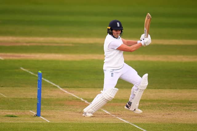 Alice Davidson-Richards of England plays a shot during Day Two of the First Test Match between England Women and South Africa Women at The Cooper Associates County Ground on June 28, 2022 in Taunton, England. (Picture: Harry Trump/Getty Images)