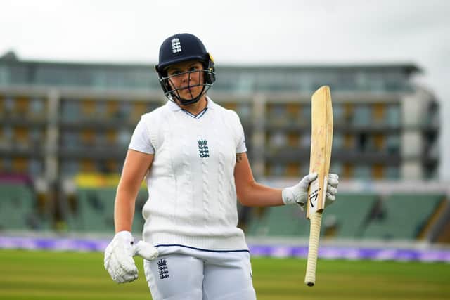 Alice Davidson-Richards of England makes their way off after being dismissed for 107 during Day Two of the First Test Match between England Women and South Africa Women at The Cooper Associates County Ground on June 28. (Picture: Harry Trump/Getty Images)