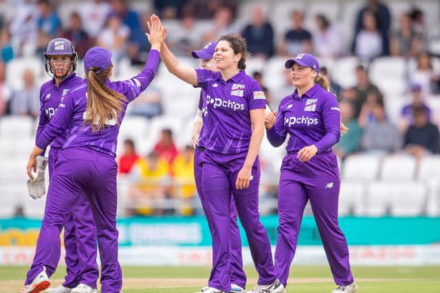 Northern Superchargers' Alice Davidson-Richards celebrates with her team-mates in last year's Hundred (Picture: SWPix.com)