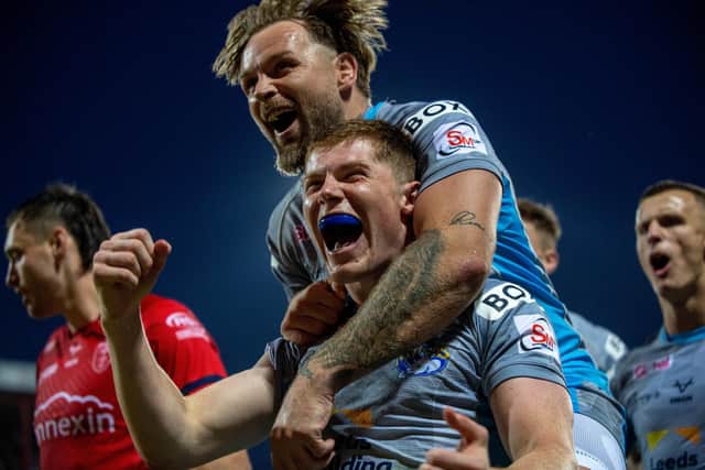 Morgan Gannon celebrates a try with Blake Austin. (Picture: Bruce Rollinson)