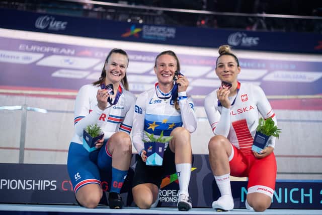 Silver service: Great Britain's Jessica Roberts (left) with the silver medal, Norway's Anita Yvonne Stenberg (centre) with the gold medal and Poland's Nikola Wielowska with the bronze medal after the Women's Scratch 10km Race. Picture: Eibner/Memmler via DPA/PA Wire.