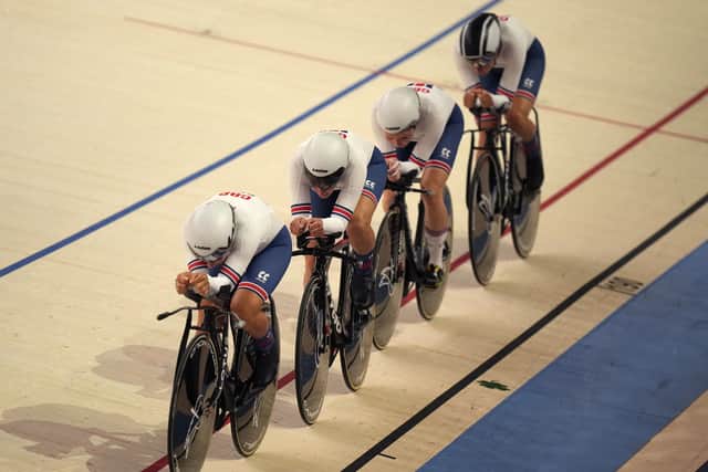On track: Britain team competes at the Women's Team Pursuit 4000 m Bronze Final during the European Cycling Championships in Munich, Germany, Friday, Aug. 12, 2022. (AP Photo/Pavel Golovkin)