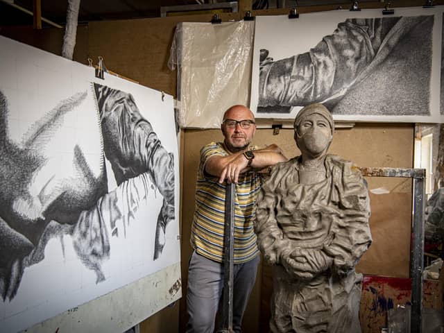 Leeds based sculptor and artist Paul Digby working on a life-sized figurative sculpture of ICU nurse Emily Greaves-Brayne he met during the worst times of the Covid pandemic, that will be shown in various locations throughout 2023 before the people of Leeds vote on a permanent space if funding is found to complete the work. Picture Tony Johnson