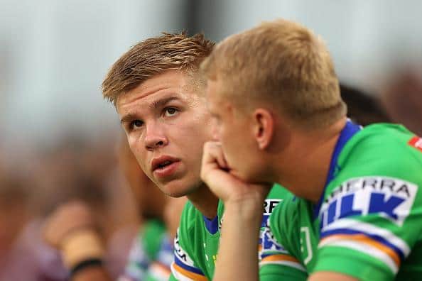 Harry Rushton pictured on the bench during his time with Canberra Raiders. (Picture: Getty)
