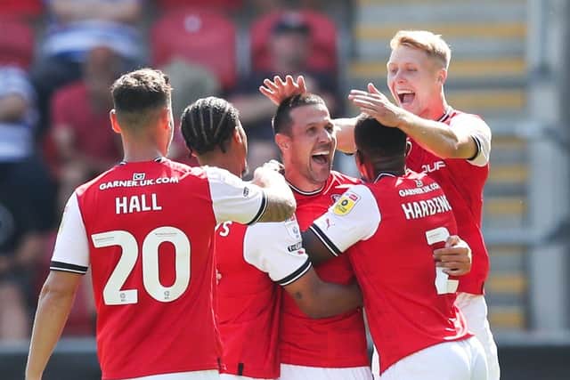 Rotherham United's Richard Wood's celebrates scoring their side's first goal of four against Rotherham United (Picture: PA)