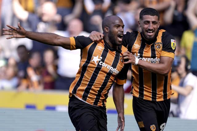 Hull City's Oscar Estupinan celebrates scoring their side's second goal of the game with team-mate Allahyar Sayyadmanesh (Picture: Richard Sellers/PA)