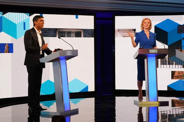 Rishi Sunak and Liz Truss taking part in the BBC Tory leadership debate live. Jacob King/PA Wire
