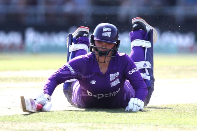 Bess Heath of Northern Superchargers makes her ground at Headingley. (Photo by Ashley Allen/Getty Images)
