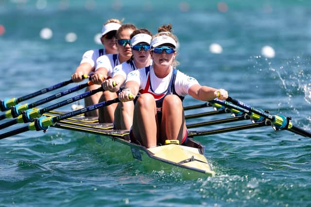 Jess Leyden, Lola Anderson, Georgie Brayshaw and Lucy Glover of Great Britain compete.  (Photo by Srdjan Stevanovic/Getty Images for British Rowing)