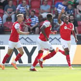 Richard Wood celebrates with his Rotherham United teammates after scoring against Reading. Picture: PA Wire.