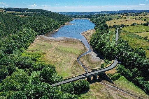 An aerial view of the drying out bed and receded water levels at Lindley Wood Reservoir in July in Otley  Credit: Getty Images