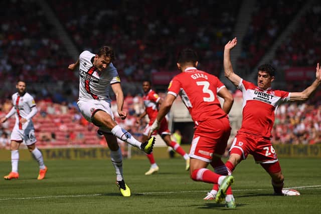 Sheffield United player Sander Berge shoots to score the opening goal during the Sky Bet Championship between Middlesbrough and Sheffield United at Riverside Stadium on August 14, 2022 in Middlesbrough, England. (Photo by Stu Forster/Getty Images)